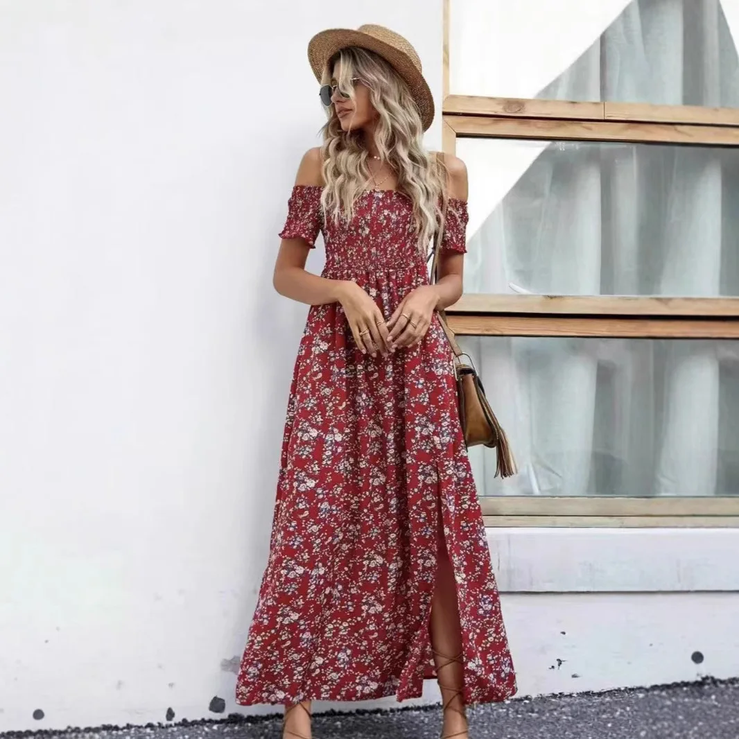 

2025 Summer New Fashion Bohemian Off-Shoulder Small Floral Long Women's Dress