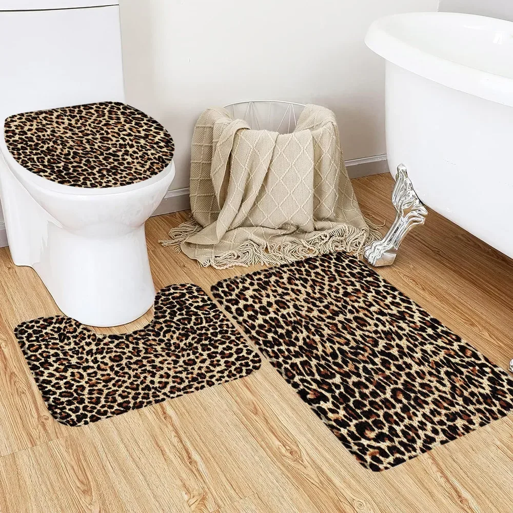 3Pcs Leopard Textured Bathroom Floor Mats Wildlife Modern Fashion Colorful Home Decor Rug Set Bathroom Decor Rugs Toilet Covers