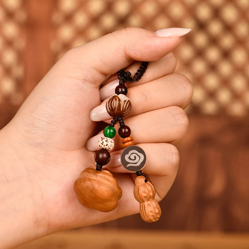 Vintage Chinese Wooden Keychain Peanut Persimmon Keychain Mobile Phone Chain Braided Rope Hanging Pendant Fashion Accessories