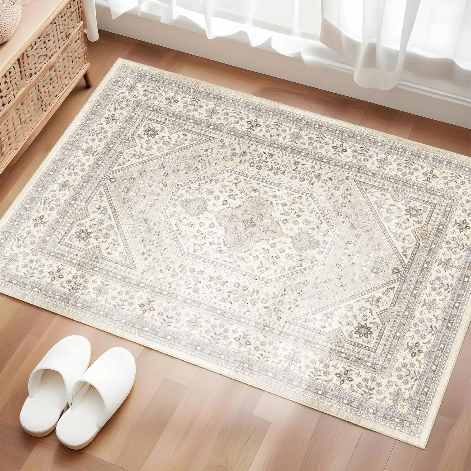 

Puino Washable Entryway 2x3 Rug: Small Boho Rugs for Indoor Entrance Non Slip Backing Stain Resistant Carpet Low Pile Throw Rugs for Bedroom Bedside Inside Front Door Floor Kitchen Decor(Beige,2x3FT)