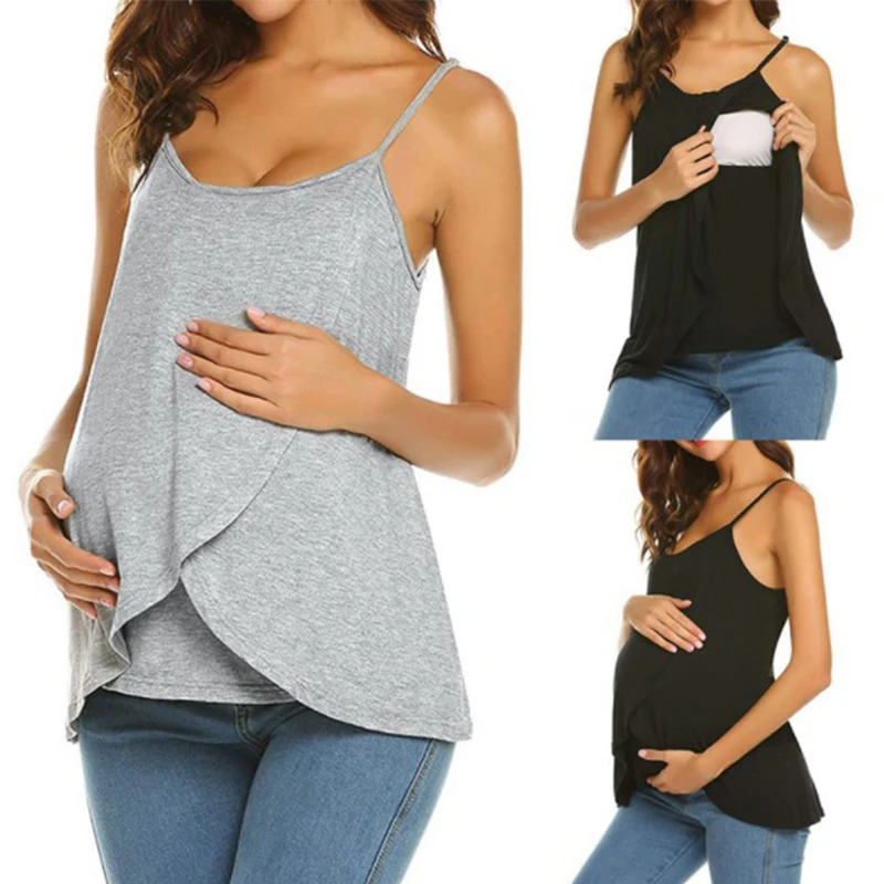 

New Summer Women Pregnant Maternity Nursing T Shirts Women's Maternity Nursing Wrap Top Sleeveless Double Layer Blouse Tee