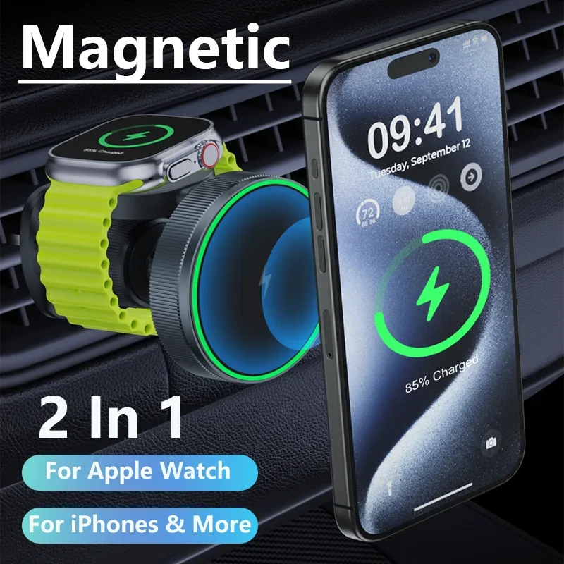 2 IN 1 Magnetic Wireless Car Charger For iPhone 15 14 13 Pro Max Apple Watch Macsafe Mobile Phone Holder Car Mount Fast Charging