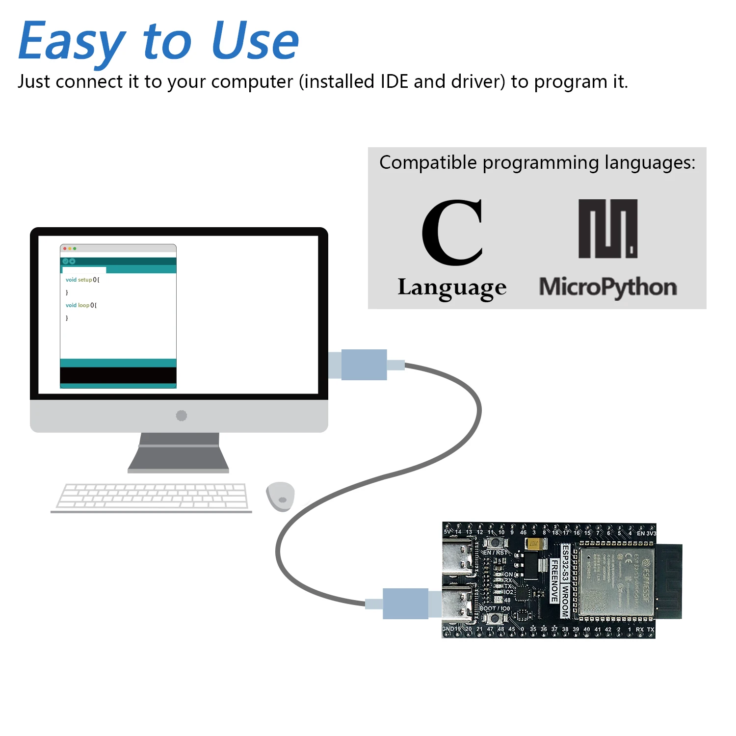 Freenove ESP32-S3-WROOM Wireless Board Lite, Dual-core 32-bit 240 MHz Microcontroller, Python C Code, Example Projects Tutorial