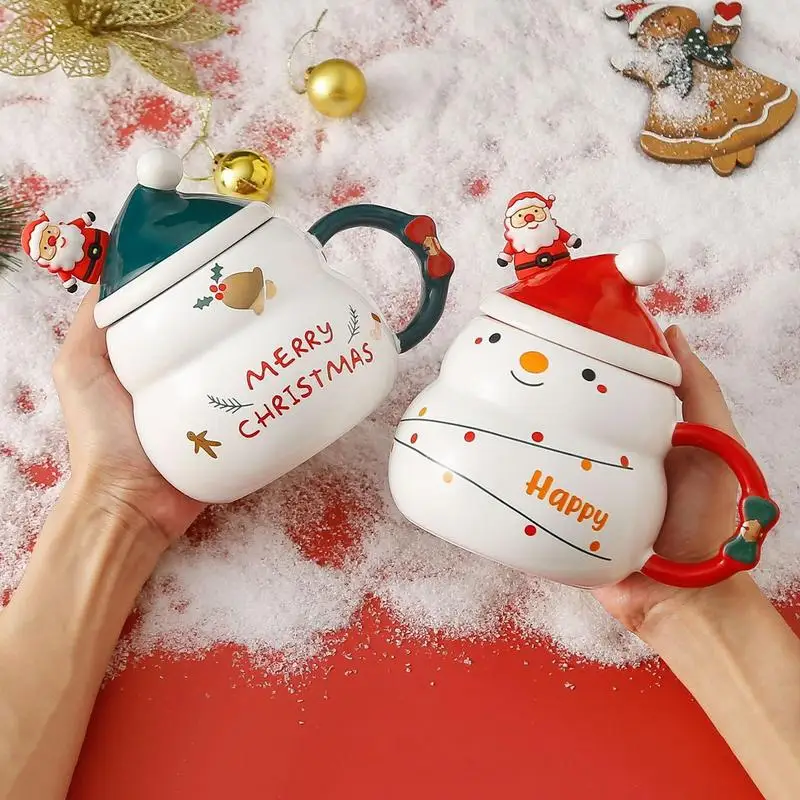 Christmas Coffee Mug 500ml Ceramic Coffee Cup With Christmas Hat Lid And Santa Claus Spoon Juice Cup With Handle For Women Girls