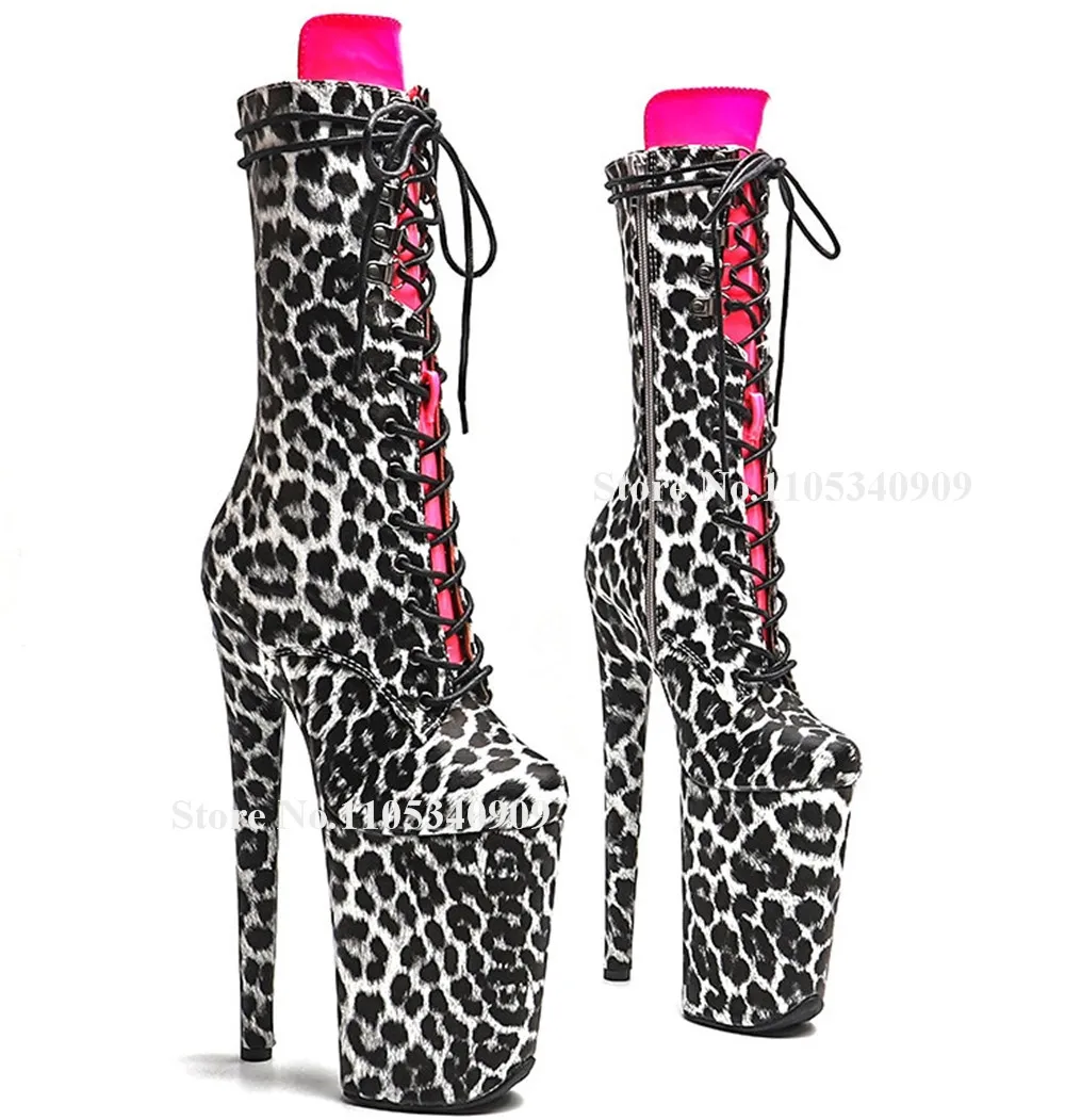 

Bondarenko Sexy Leopard Pattern Leather Thin Heel Short Boots Round Toe Lace-up High Platform 20cm Thin Heel Stage Dance Shoes