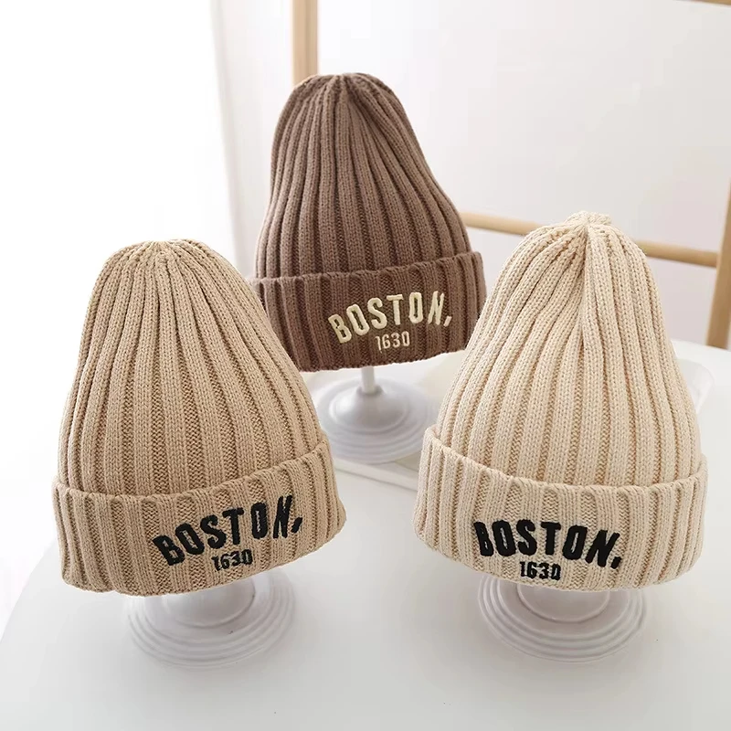 

Solid Color Letter Baby Beanie Cap Winter Warm Knit Hat for Girls Boys Vintage Embroidered BOSTON Toddler Kids Crochet Bonnet