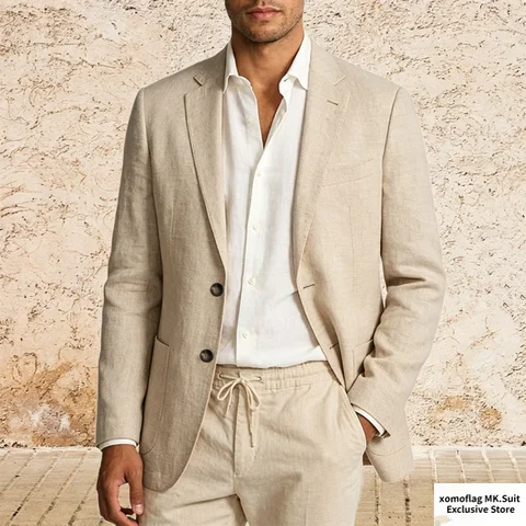 Blazer Homme en Coton et Lin, 2 Boutons, Couleur Unie, Léger, Veste Sportive Slim, Simple Boutonnage, Idéal Été, Plage, Mariage, Bal de Promo