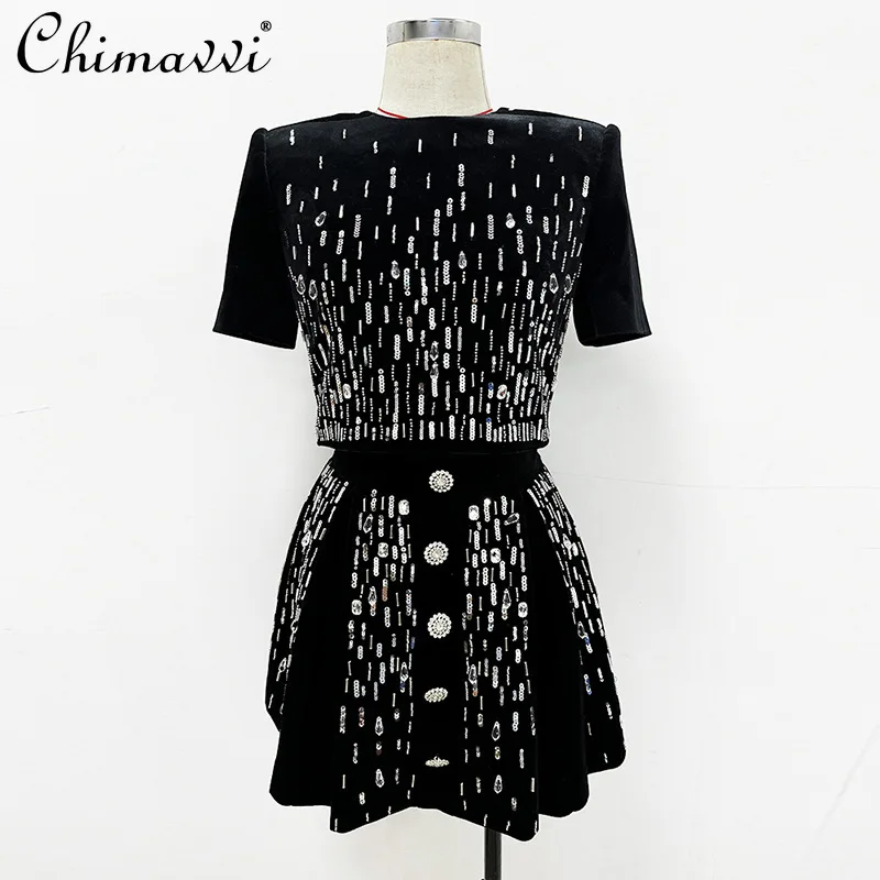 

French Elegant Fashion Heavy Industry Beaded Sequins Short Sleeve Velvet Top High Waist A-line Mini Skirt Two-piece Sets Women