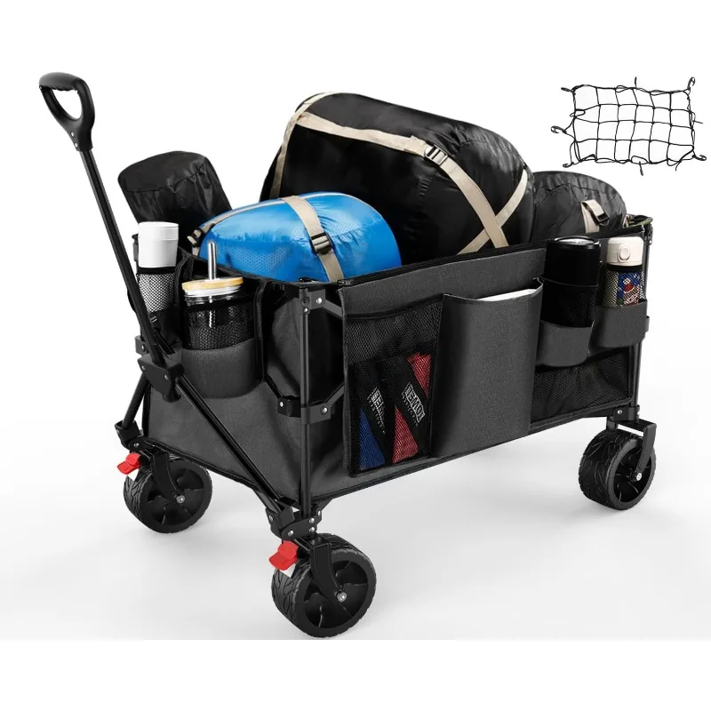 

Collapsible Wagon Cart with Cargo Net, Beach Wagon with Big Wheels, Foldable Wagon with Brakes, Outdoor Garden Cart with 6 Side