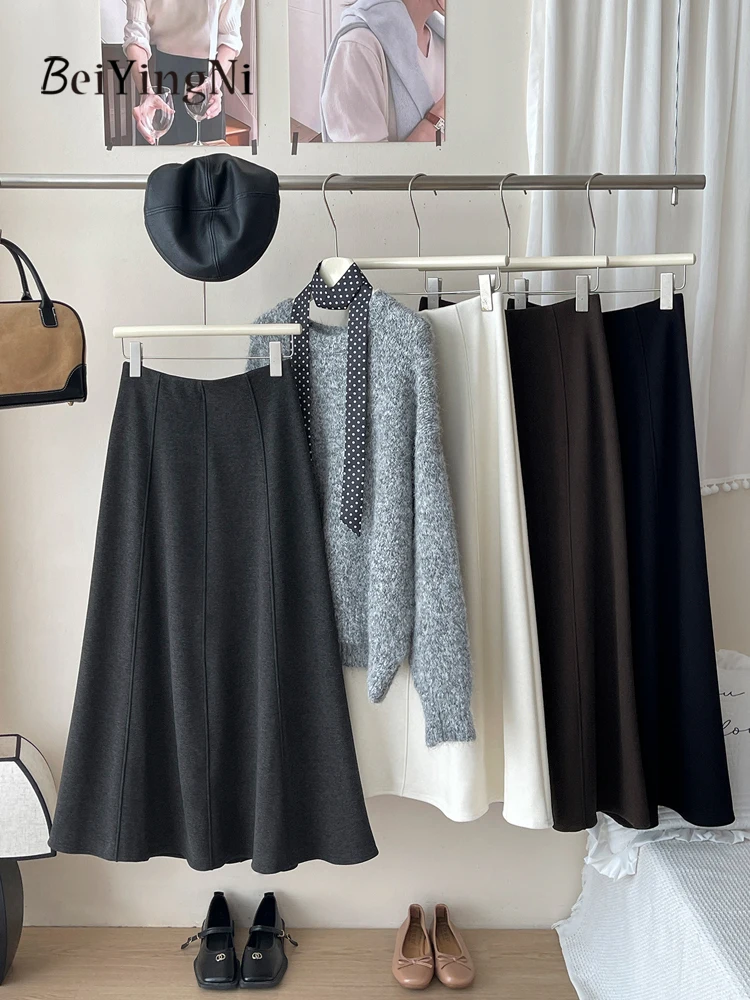 Beiyingni الفرنسية خمر الصوف ألف خط ميدي التنانير للنساء عادي المرقعة الكشمير الشتاء تنورة عالية الخصر الإناث الأسود Falda