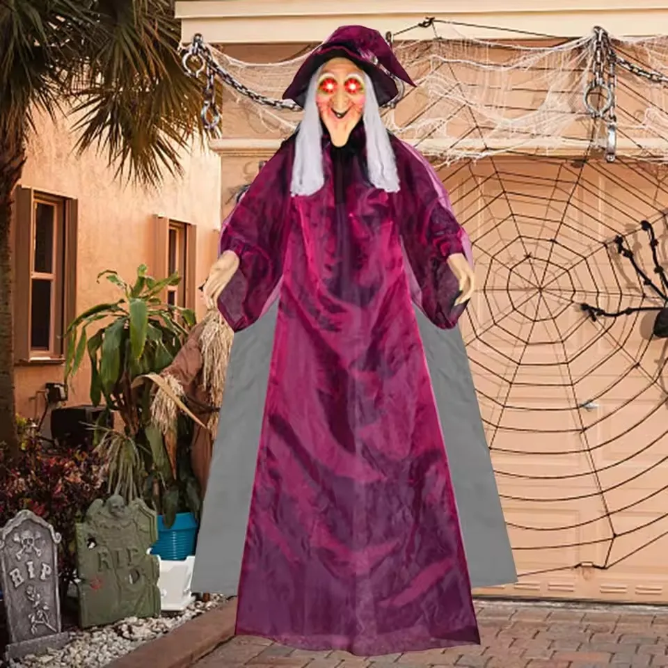 Halloween Life Size Talking Witch Outdoor Purple Spooky Animatronic Witch Decor Prop Halloween Decoration Red Eye Animated Witch view 2