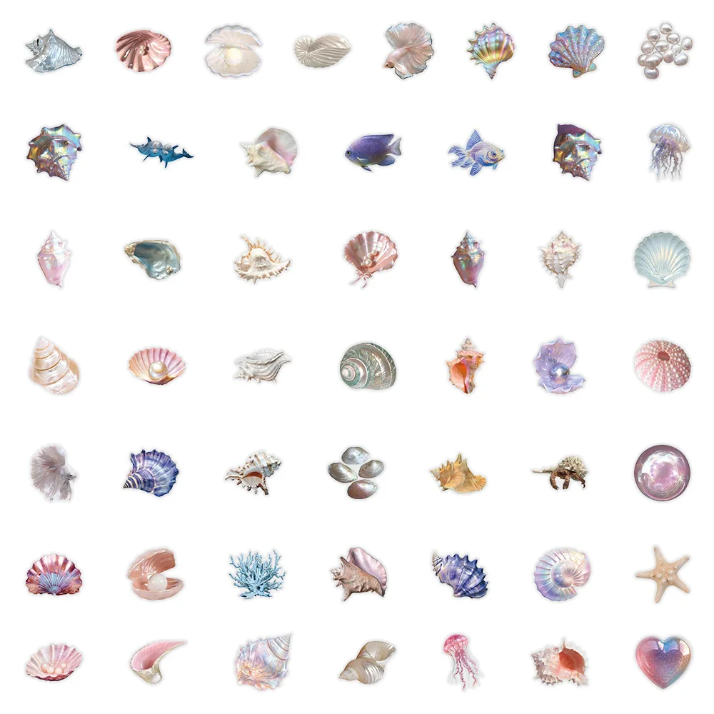 50PCS Cartoon Shell Graffiti Stickers Conch Pearl DIY Decorative for Kids Reward Stationery Notebook Water Cup