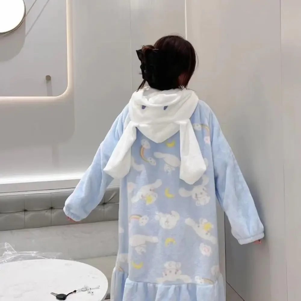 Cartoon Cinnamoroll Plush Pajamas Robe Set Melody Women Sanrioed Anime Kawaii Homewear Cute Long Style Thickened Nightgown Pants