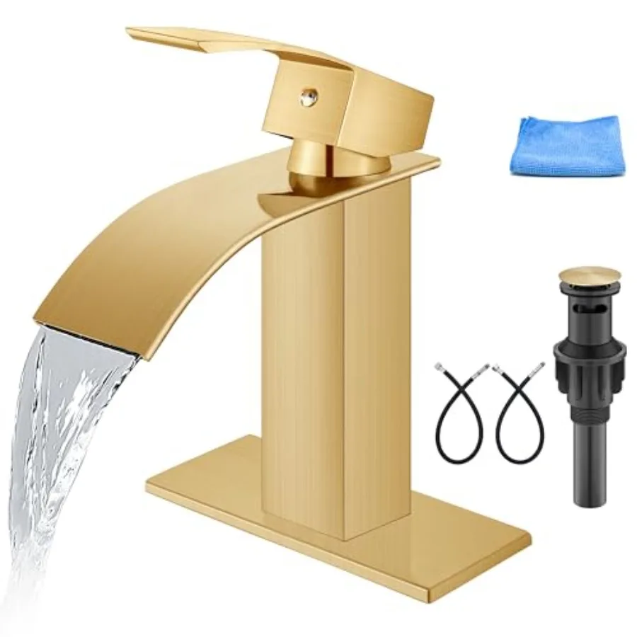 

Bathroom Faucet Single Handle 1 Hole Deck Mount Lavatory Vanity RV Sink Mixer Basin Tap with Cover Plate and Pop Up Drain Assem