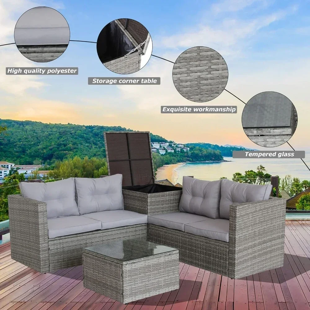 Outdoor Furniture Deck Sofa Wicker Conversation Sofa With Storage Box and Glass Table for Garden Porch Patio Couch Set