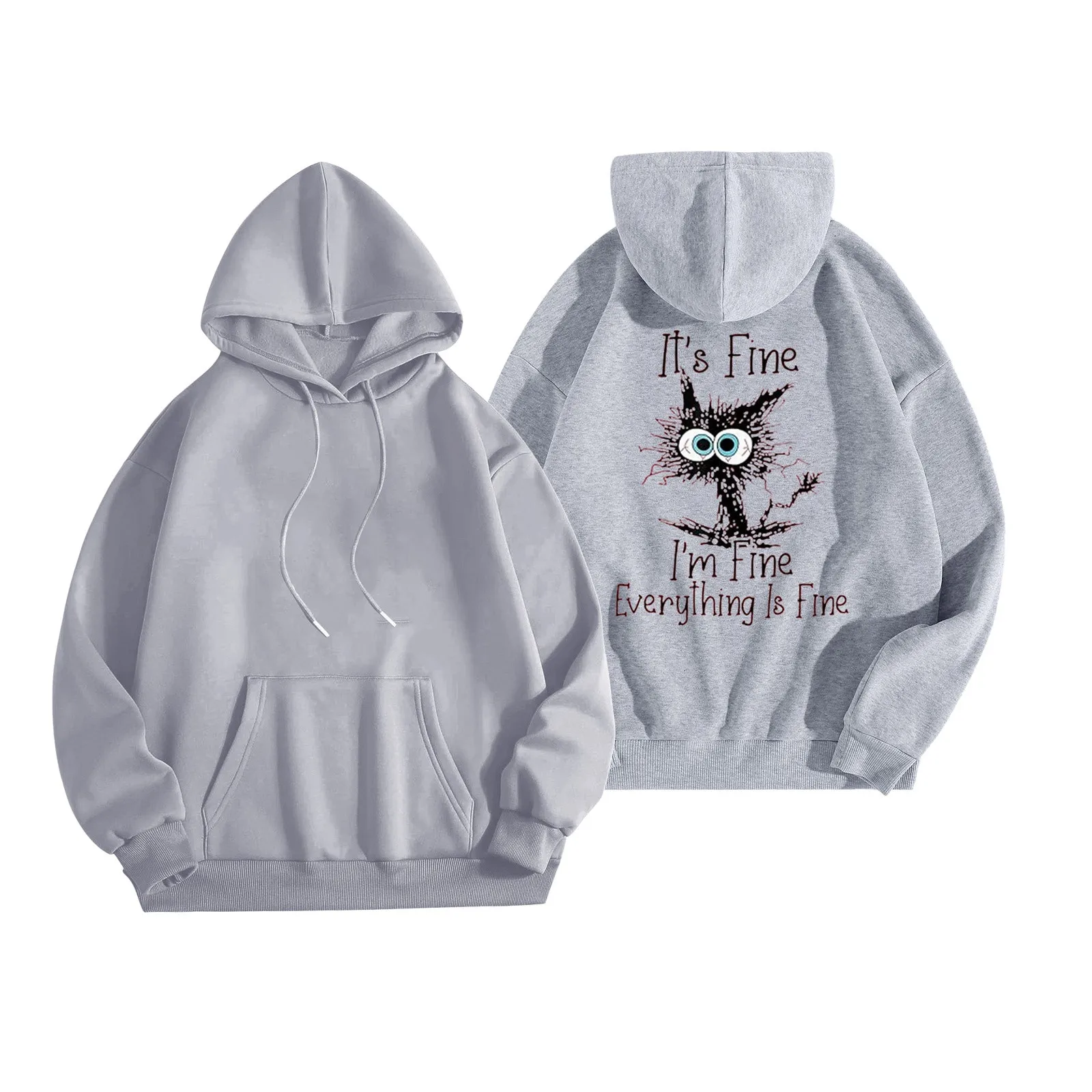 Winter Casual Animes Cat Hooded Sweatshirt I'M Fine Everything Is Fine Hoodies With Pattern Retro Women’S Oversized Y2k Clothing