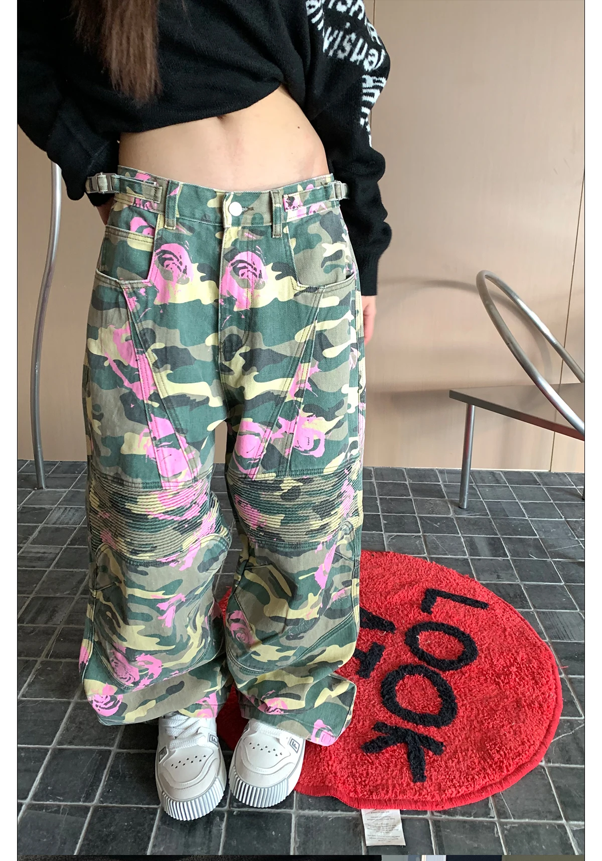 High Street Camouflage Casual Pants Women Contrast Color Pink Floral Print Overalls Loose Pleated Straight Trousers Hip Hop