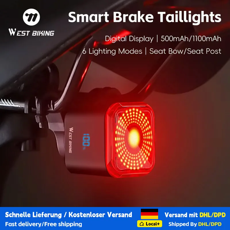 Image of WEST BIKING Fahrrad-Rücklicht mit Bremssensor, Digitaler Leistungsanzeige, Automatischem Start/Stopp und Langer Akkulaufzeit, Fahrrad-Zubehör