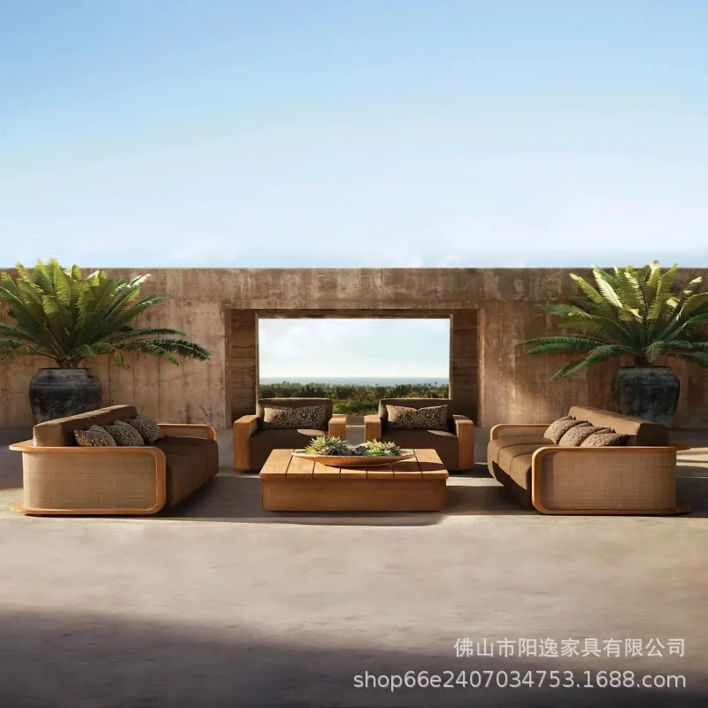 

Outdoor teak sofa waterproof sunscreen villa courtyard garden hotel nordic terrace preservative solid wood sofa coffee table