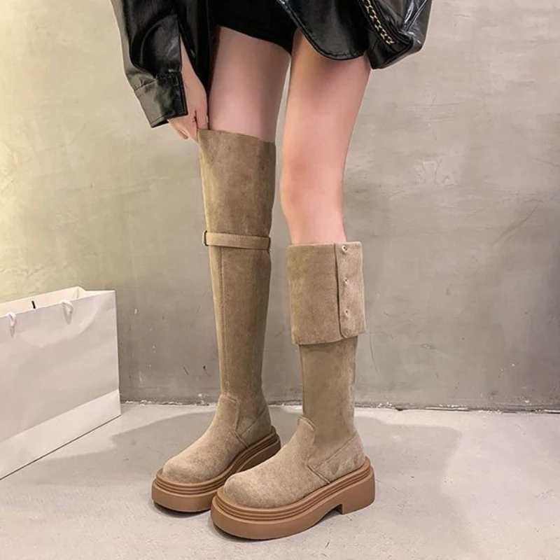 New 2025 Autumn Winter Women's Vintage Boots Thick Platform Suede Leather Foldable Over The Knee Chunky Heel Rider Boots