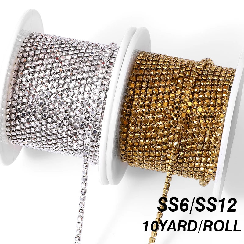 

DUCrystal SS6/SS12 10yards Gold Hematite rhinestone Crystal Glitter Sewing Rhinestones Trim Dresses Decorations Accessories
