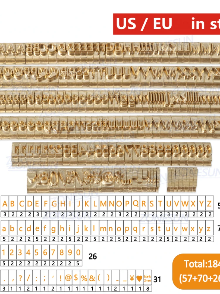 184Pcs Custom Logo Brass Alphabet Letter Set For Hot Foil Stamping Machine With Number Symbols 10cm T slot  Letter Stamp