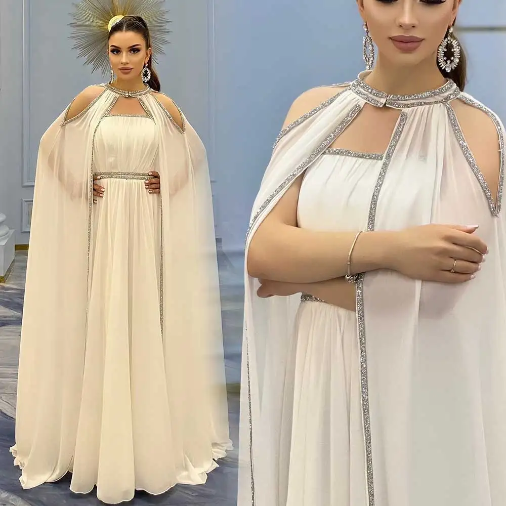 

Dubai With Cloak Chiffon Sequin Hollow Saudi Arabian Women's Floor Length Elegant Party Evening Gown فساتين السهرة