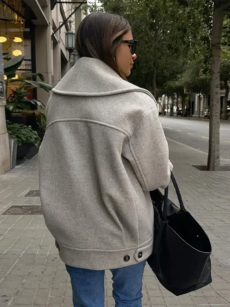 Women Chic Lapel Double-breasted Woolen Blend Jacket Casual Full Sleeve Pocket Short Solid Coat Winter Lady Commuting Outerwear