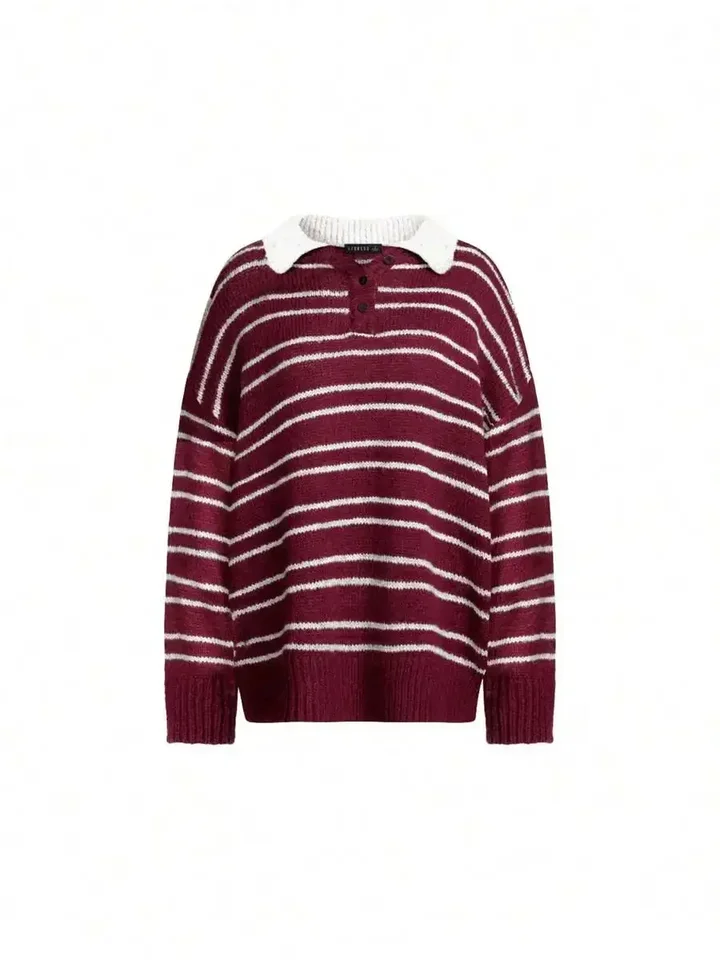 Womens Casual Striped Knit Sweater with Button Collar