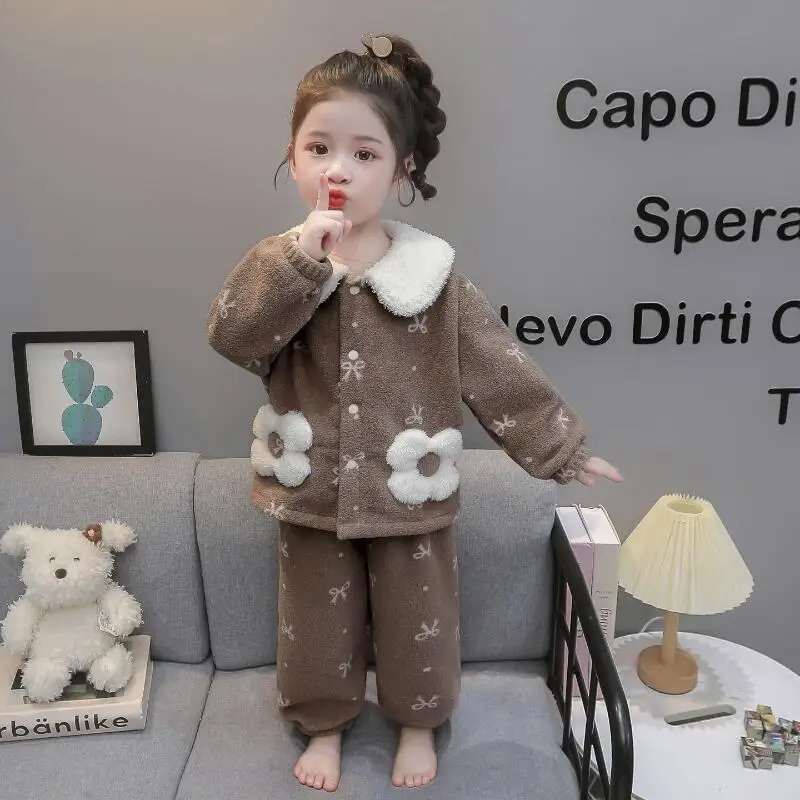 

Girl Coral Fleece Pajamas Two-Piece Set Autumn Winter Thicken Flannel Tops Pullover Pants Child Kawaii Fashion Casual Clothing
