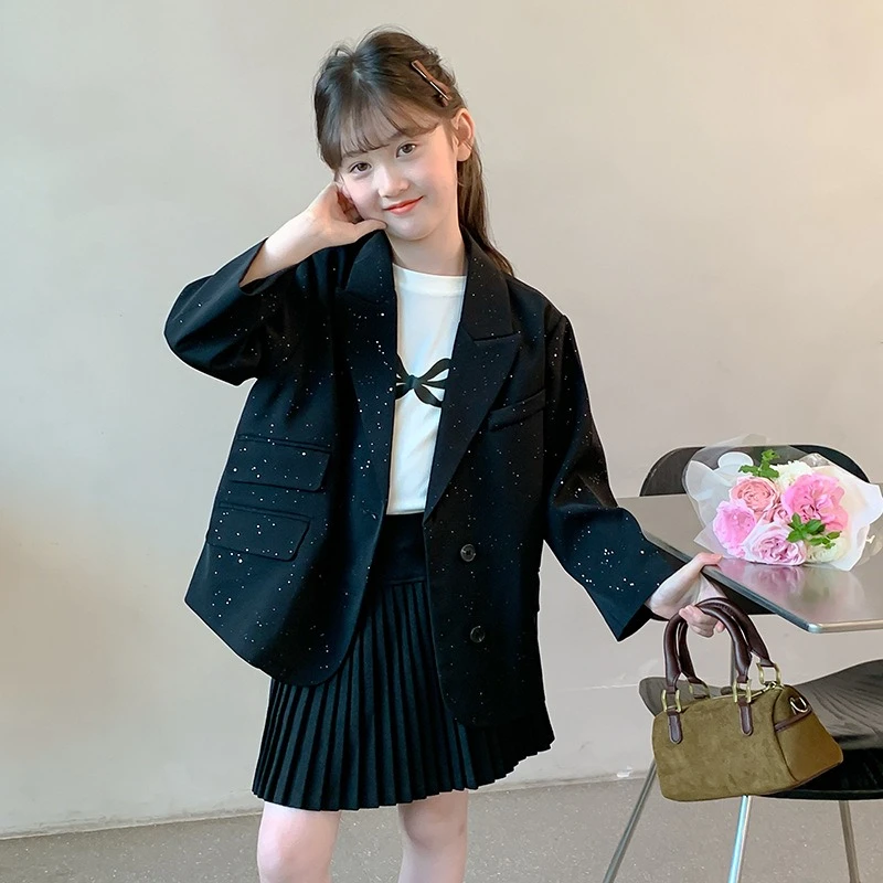 

Новинка: Модный пиджак для девочек 2026 года со стразами, стильная весенняя куртка для подростков, трендовый костюм, верхняя одежда для детей