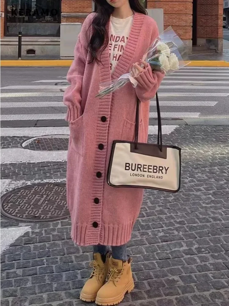 Women Sweet Style Solid Color Knitting Long Sleeve Pink Cardigans 2024 Winter Fashion Casual Oversized Single Breasted Sweater