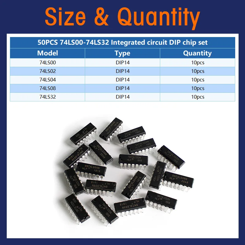 50 개/몫 74LS00 74LS02 74LS04 74LS08 74LS32 DIP-14 IC 칩 5valuex10pcs = 50pcs 전자 부품 키트