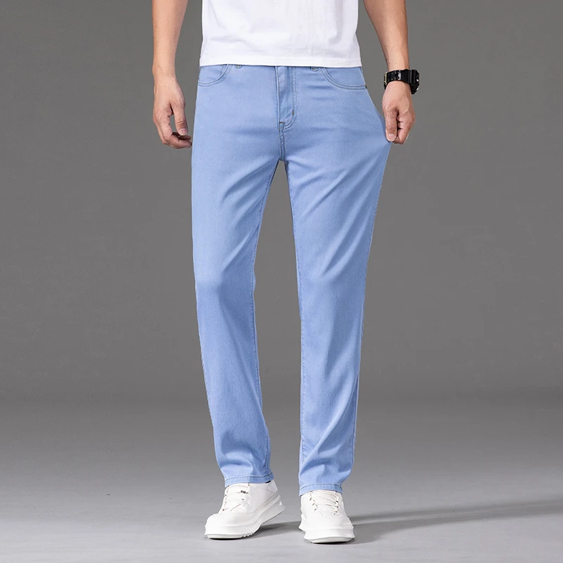 Lyocell Untr للرجال-جينز مستقيم أزرق فاتح ، بنطلون مطاطي من الدنيم ، بنطلون ماركة للذكور ، أزياء الأعمال ، الربيع ، الصيف ، #4