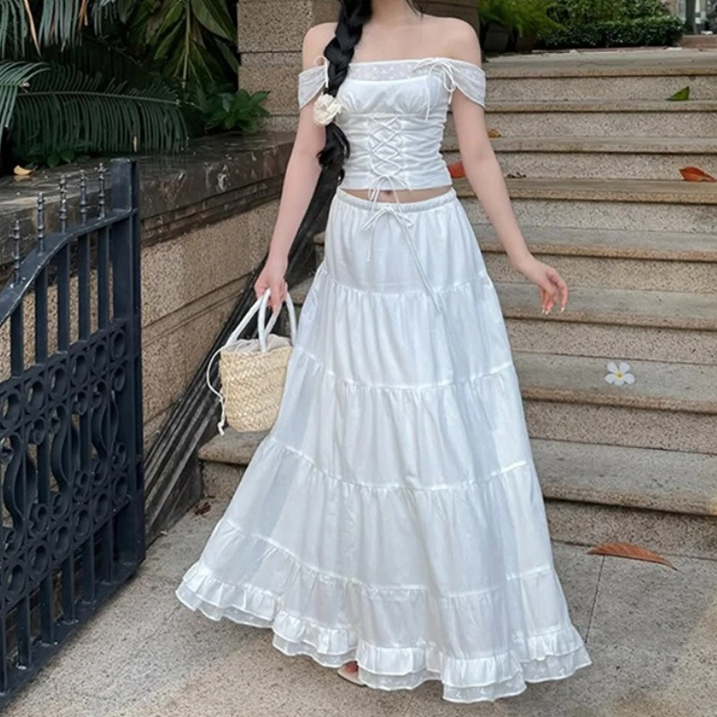 

Женские комплекты из двух предметов Y2K, укороченный топ с открытыми плечами и рюшами + длинная юбка, женские комплекты, летние повседневные элегантные женские комплекты 2025