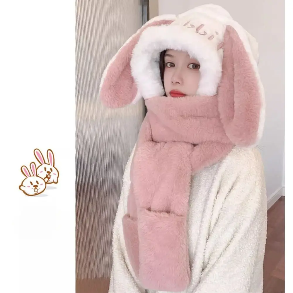 Carino sciarpa con cappuccio 3 in 1 tenere al caldo addensare sciarpa di peluche cappello guanti set protezione per le orecchie cappello invernale antivento all'aperto