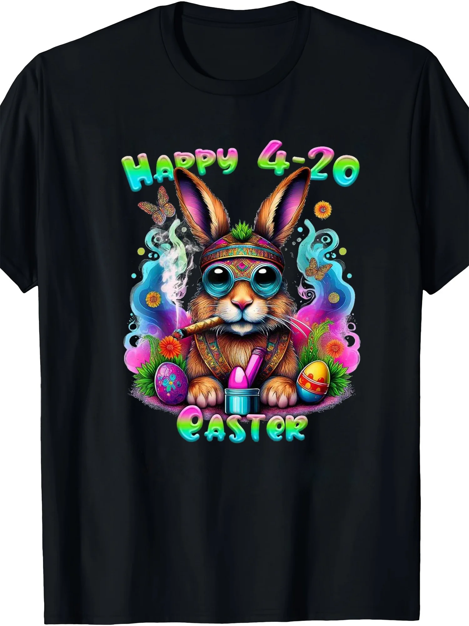 

420 and Easter Bunny Smoking Pattern T-Shirt - 100% Pure Cotton Lightweight Short Sleeve Crew Neck, Leaves and 420-20 Easter Print, Bunny Smoking~20 Living~Classic Casual Comfortable Style