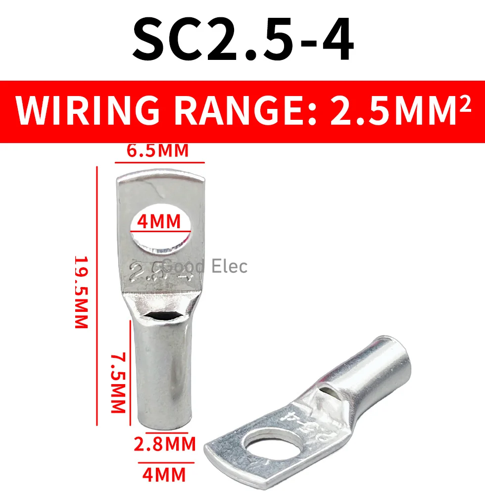 100 sztuk SC1.5-4,SC1.5-SC2.5-6 miedź cynowana 4mm 5mm 6mm otwór na śrubę 1.5mm22.5mm 2 końcówki kablowe złącze baterii zacisk zaciskany