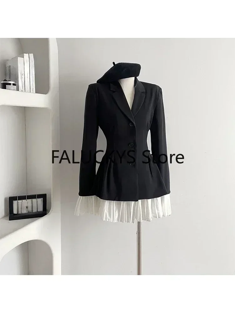 Women Formal Blazer Lapel Collar Autumn Winter Office Lady Korean Patchwork Contrast Color Outerwear Single Breasted Suit Jacket