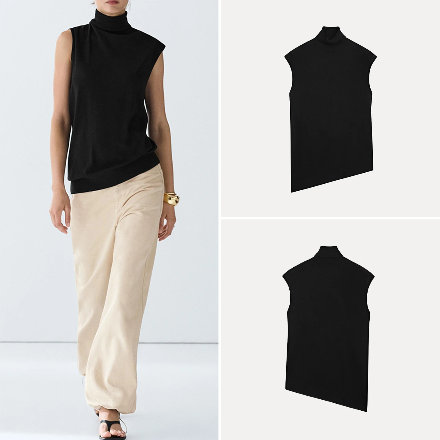 Women's High Collar Asymmetric Hem Knitted Sleeveless Top Loose Fit Outerwear Regular Length China Made Autumn New Arrival