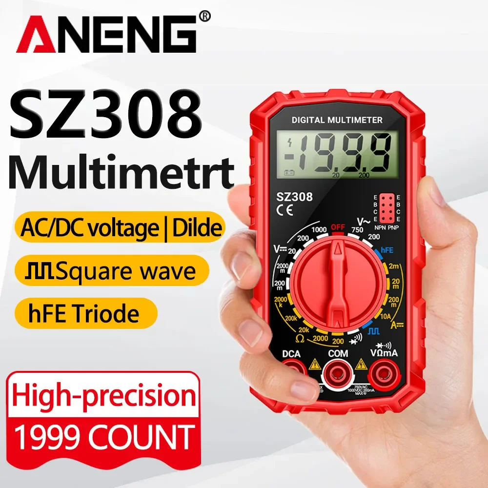 Multimètre numérique AC/DC, compteur de résistance de tension de courant, électricien, rétro-éclairage LCD Ohm, outils de Test d'onde carrée ANENG SZ308