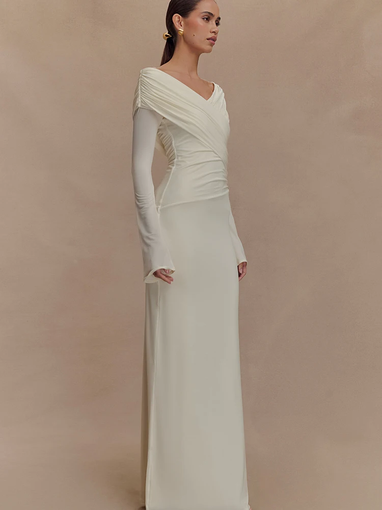 Arctic Cat Elegant Long Sleeve Double Layerจีบชุดผู้หญิงเซ็กซี่VคอBodycon Partyชุดราตรีฤดูใบไม้ร่วงใหม่แน่นVestidos