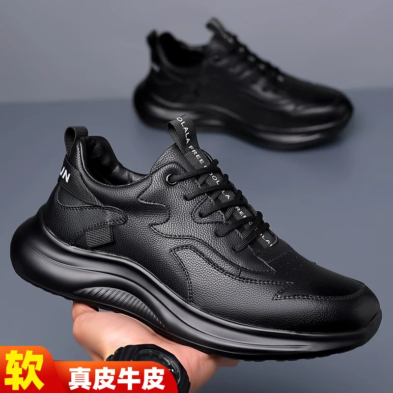 

Молодежная мужская обувь, осенняя повседневная кожаная обувь, мужская спортивная обувь из мягкой кожи, корейская версия, модная обувь черного цвета на шнуровке