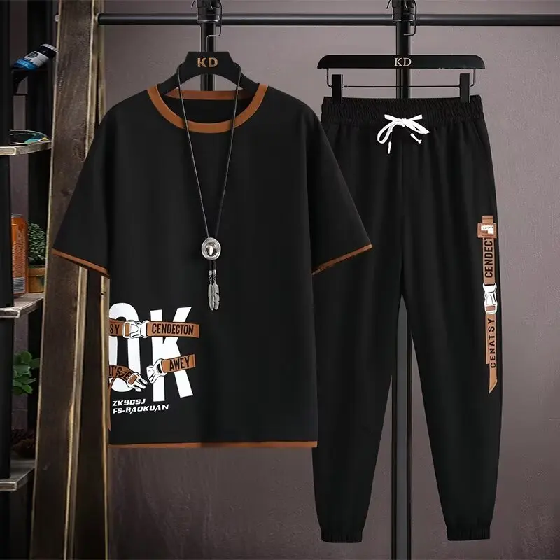 Hip Hop Men's Sets Short Sleeve T Shirts+Elastic Waist Trousers Fashion Men Clothing Sets Streetwear Two Piece Set Tracksuit Men