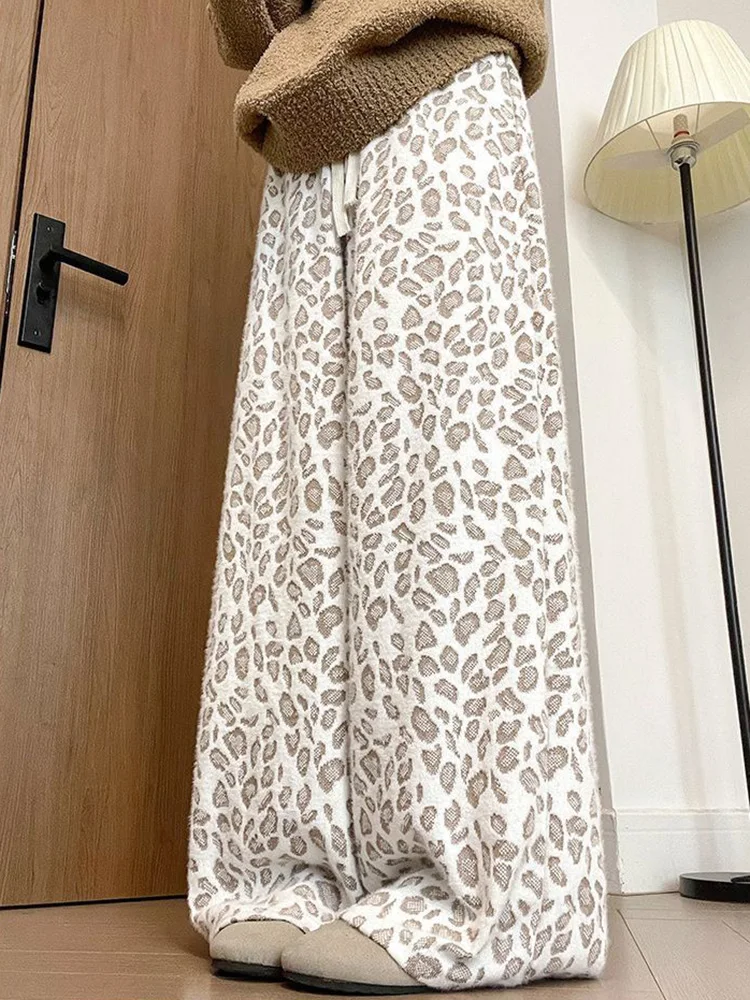 American Loose Leopard Pants Women High Waist Hip Hop Streetwear Trousers Spring Vintage Fleece Female Lace Up Wide Leg Pant
