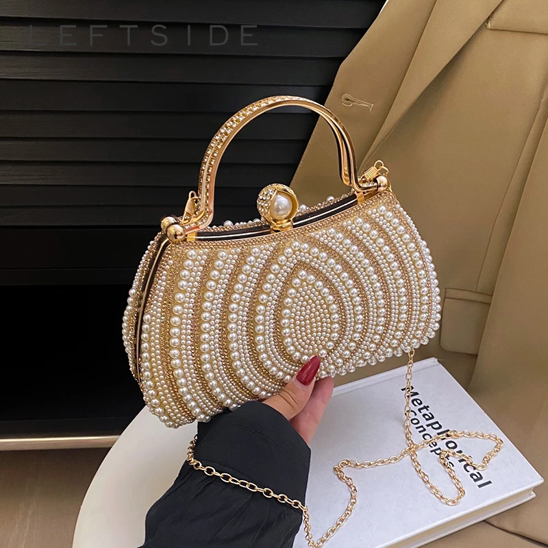 

LEFTSIDE Sweet Beads Handle Mini Handbags Women 2025 Summer Fashion Trend Brand Luxury Party Chain Shoulder Crossbody Bag