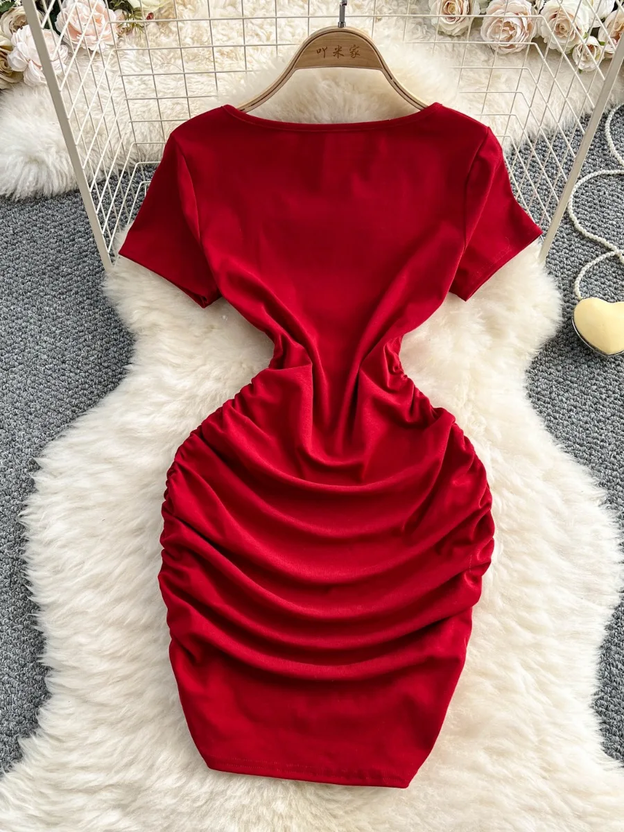 Foamlina zomer persoonlijkheid schuine hals onregelmatige strass sexy mini-jurk elastische magere heup strakke korte mouw onderjurk