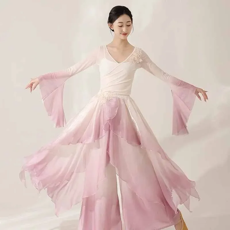 women practice dance clothes butterfly shape Chinese style folk dance pink&green dress Classical dancer performance costumes