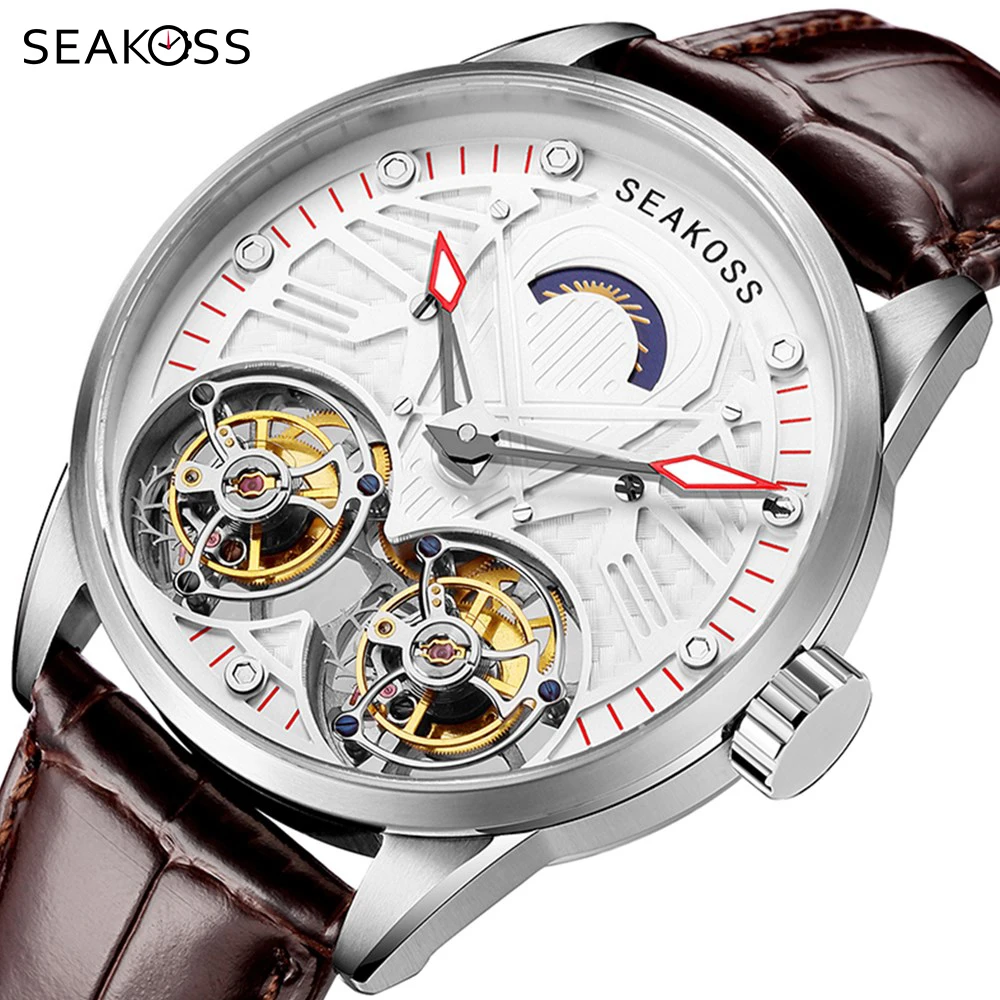 SEAKOSS Top Double Tourbillon Men's Pilot Luxury Skeleton Manual Mechanical Watch Luminous Stainless Steel Leather 1963 Watches