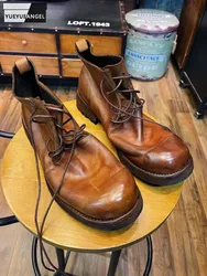 Italian Designer Handmade Men Cowhide Genuine Leather Ankle Boots Lace Up Thick Platform Work Safety Shoes High Top Riding Boots
